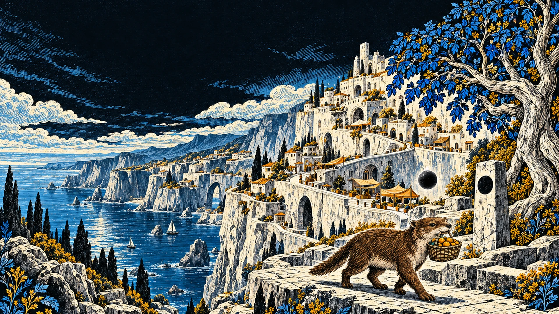 A white cliff city above blue trees and a sunlit sea, from the Distance cover artwork