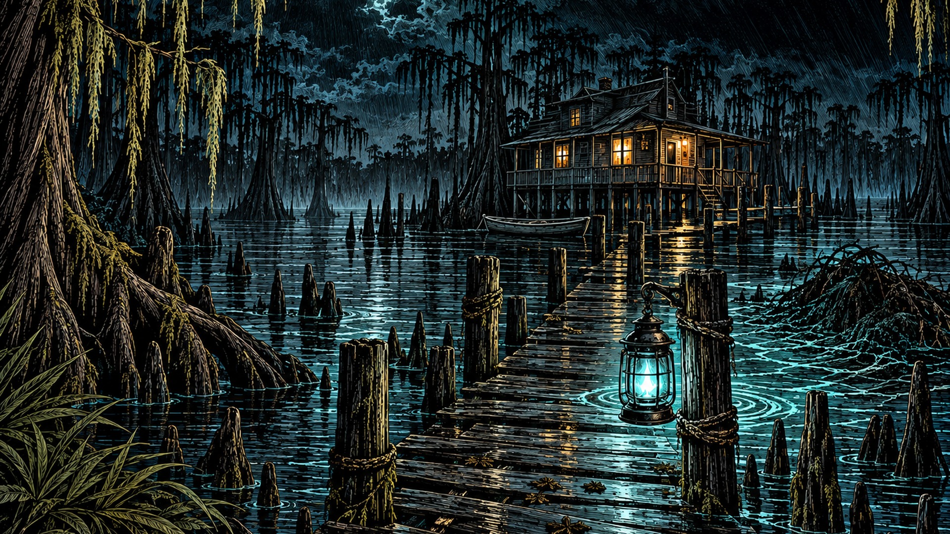 A cold cyan lantern on a flooded dock beneath a stilt house, illustrated in the dark engraved style of Don’t Go into the Swamp.